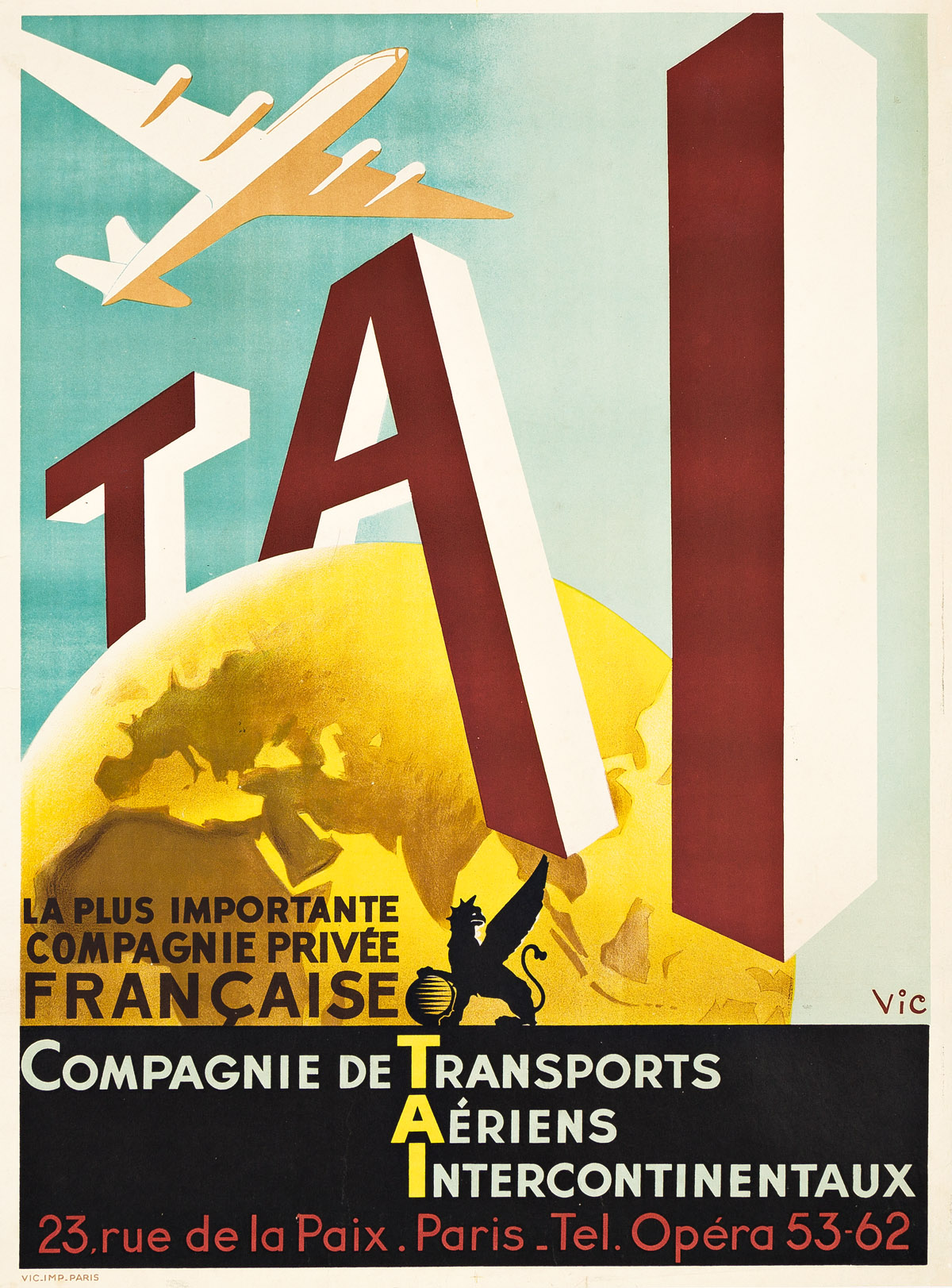 VIC (DATES UNKNOWN).  TAI / COMPAGNIE DE TRANSPORTS, AÉRIENS, INTERCONTINENTAUX. Circa 1950s. 31½x23½ inches, 80x59¾ cm. Vic., Paris.